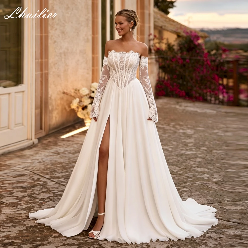Lhuilier Customized A Line Strapless Satin Wedding Dresses Illusion Beaded Lace Bridal Gown with High Slit