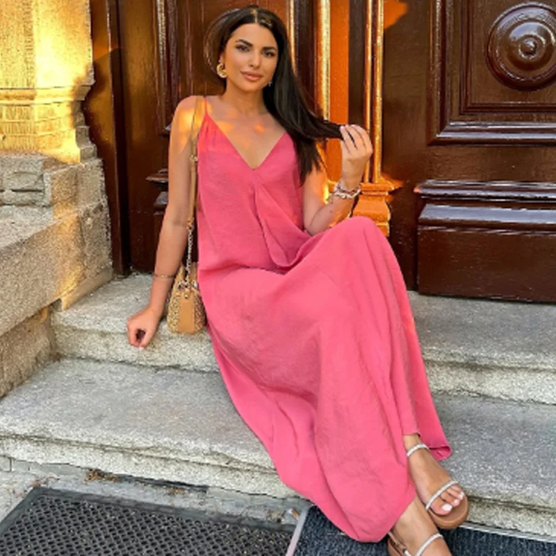 HXAO 2025 Damska Sukienka na Ramiączkach Letnia Zielona Czerwona Czarna Sukienka Codzienna Dekolt V Bez Pleców Długie Sukienki Bez Rękawów Vestidos Sukienki Wakacyjne