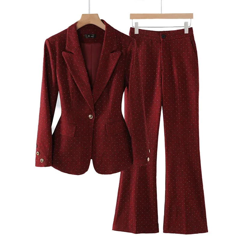 Pop Fashion Women Suits 2024 New Autumn Winter Temprament Business Formal Slim Blazer And Flare Pants Office Ladies Work Wear