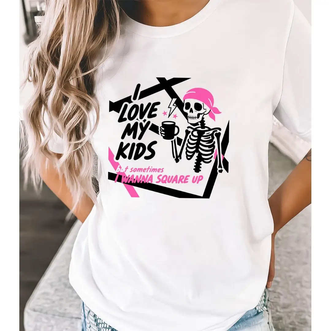 

Funny Mom T-shirt I Love My Kids Slogan Tee Skull Graphic Print Top Goth Aesthetic