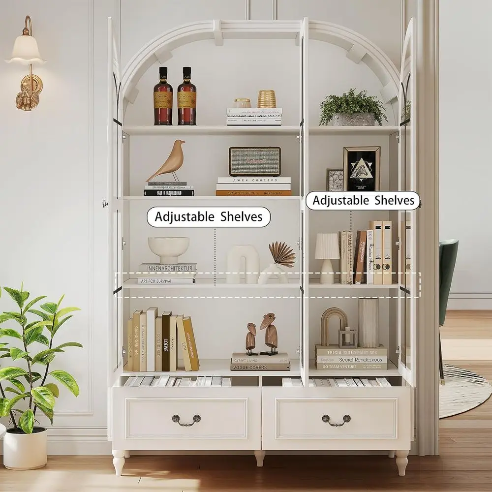 70.8'' Tall Arched Kitchen Pantry Cabinet, Large armhouse Storage Cabinet with Glass Do, Display Case, Wood Bookshel with 2 Ders view 3