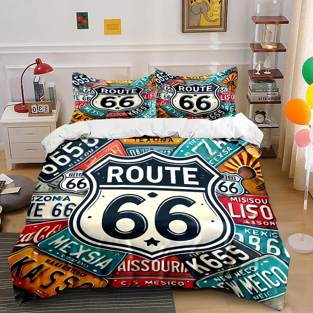 3pcs Route sign with state license plates backdrop Duvet Cover Set Digital Print Colorful Polyester Bedding with Zipper Closur