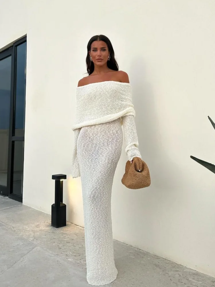 Abito lungo elegante in maglia bianca a maniche lunghe per le donne Abiti aderenti senza spalline senza schienale alla moda Abiti estivi da spiaggia