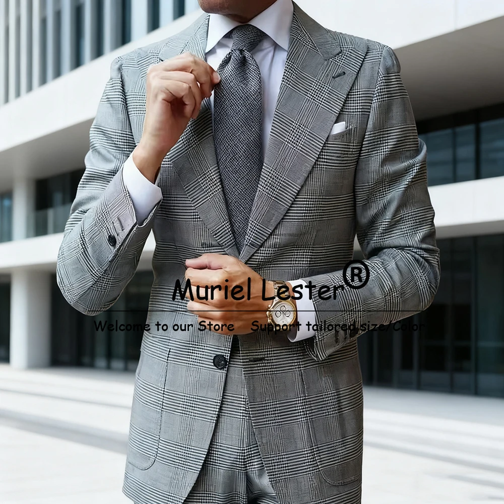 

Grey Plaid Business Suit For Men Single Breasted Jacket Pants 2 Pieces Sets Groom Wedding Tuxedo trajes para hombre Customized