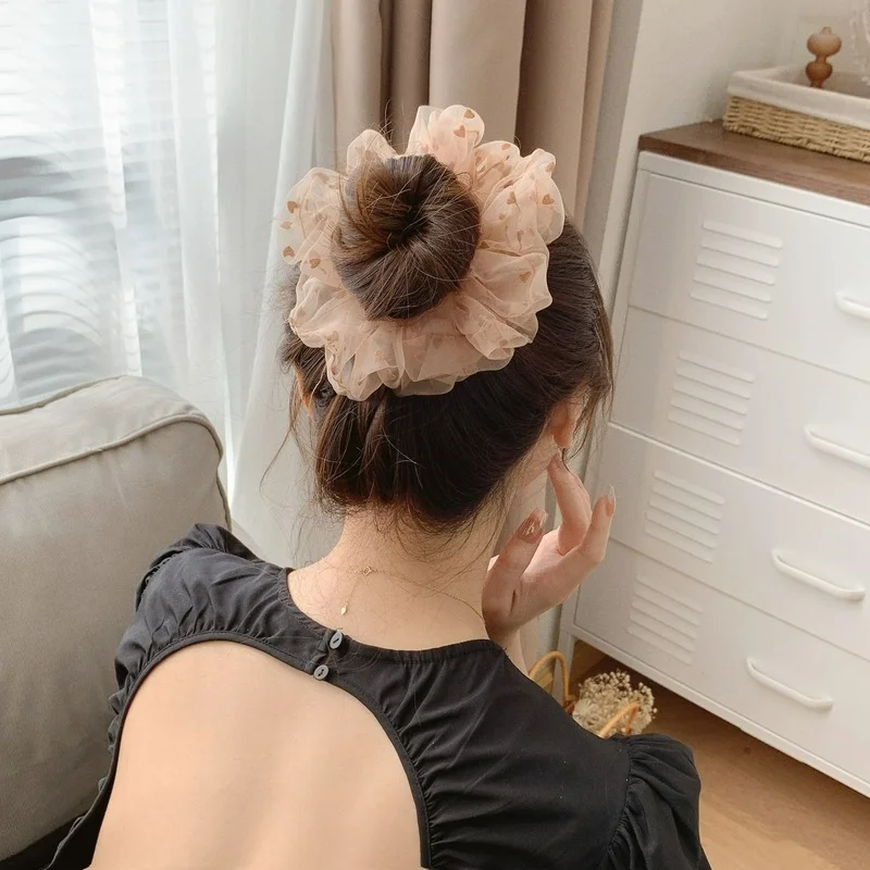 Korean simple mesh love flocking all-match large intestine hair ring female summer forest line fairy beauty high-end head rope