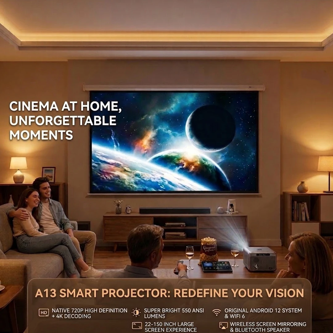 Smart Projector Native 720P Proyector 550 ANSI Lumens 4K Decode Android 12 WiFi 6 Bluetooth 5.4 Speaker 150 Inch Home Cinema