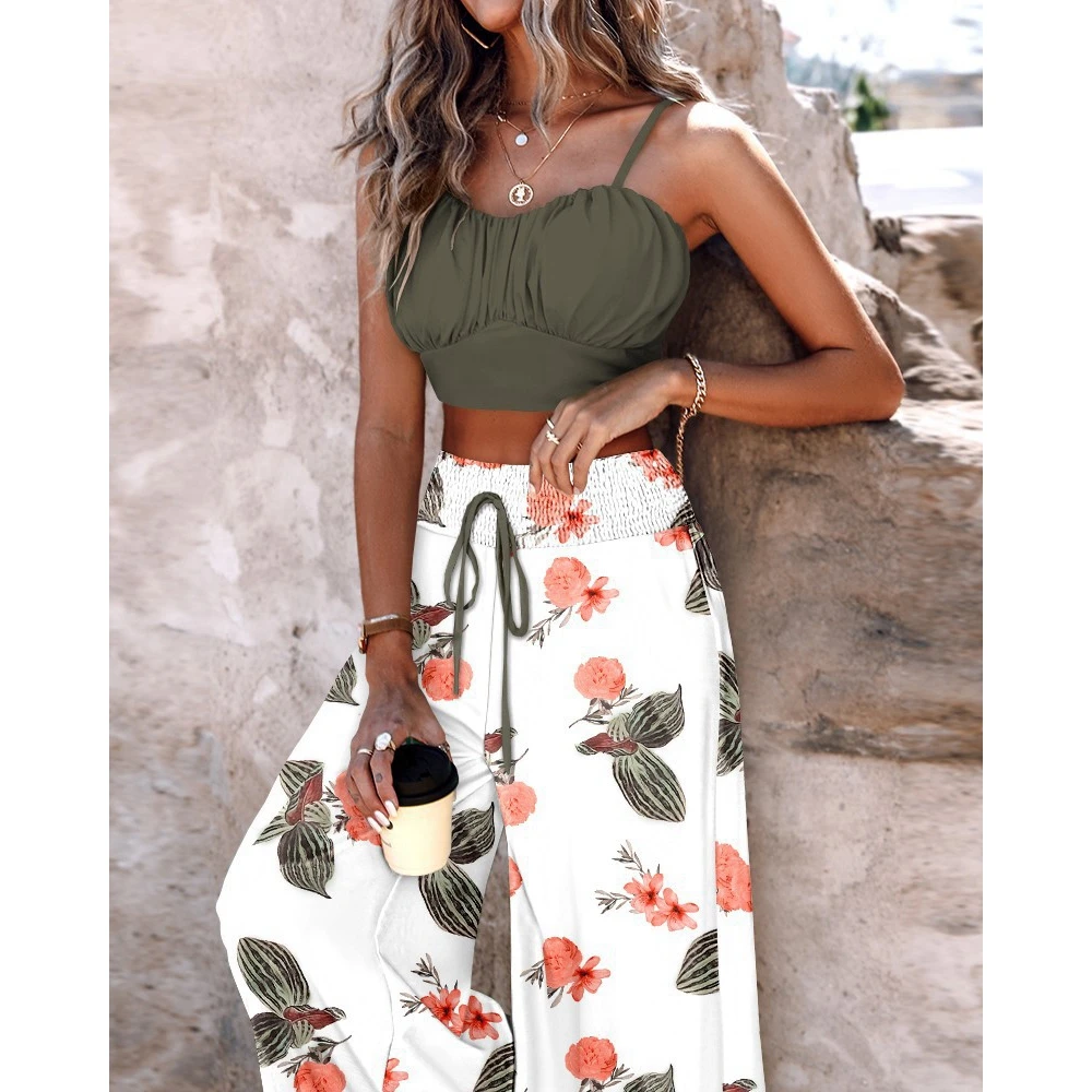 

Summer Women Floral Print Spaghetti Strap Top & Drawstring Wide Leg Pants Set Causal Streetwear New In 2 Pieces Suit Clothes