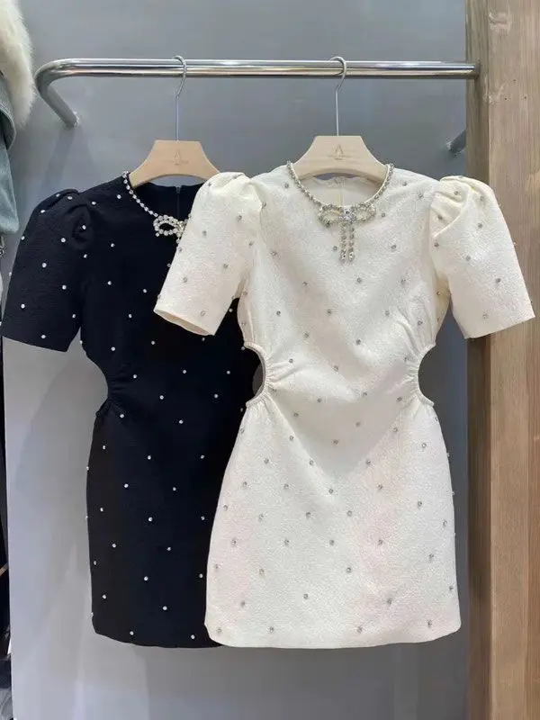 

Женское летнее платье с высокой талией, расшитое стразами и бисером, с короткими рукавами-бантами, облегающее, с открытыми плечами, в стиле Vestidos Temperament