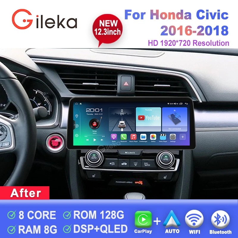 

12,3-дюймовый экран Carplay Android для Honda Civic 2016 2017 2018, автомобильный радиоприемник, стерео мультимедийный плеер, GPS, Wi-Fi, головное устройство