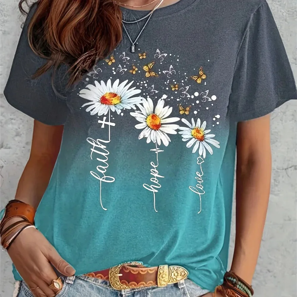 

Women's Elegant T-shirt Fashion Flower Print Loose Round Neck Top Gradient Casual Comfortable Short Sleeve Women's Party T-shirt