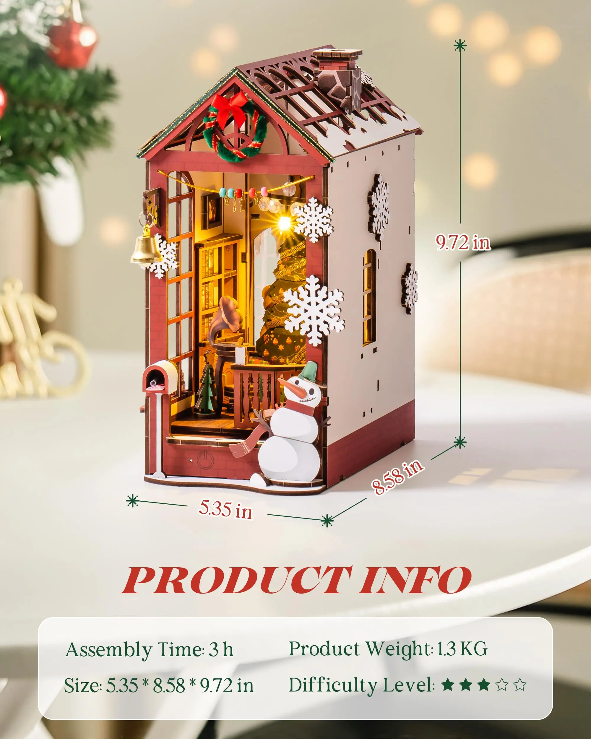 Robotime Rolife Book Nook Kit with LED Light 3D Wooden Puzzle Booknook Book Shelf Decoration DIY Miniature Christmas House