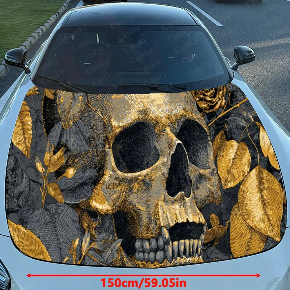 Car Decal Golden Skull with Intricate Ornamental Element in Dark Gothic Design, Creating a Bold and Luxurious Visual Car Hood St