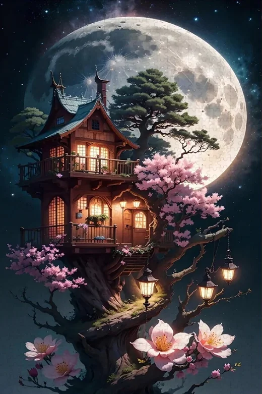 

Oriental Style Tree House Under Giant Full Moon Jigsaw Puzzle, Vintage Lantern Starry Night Fantasy Landscape Wall Decor Gift