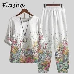 Summer Casual Two Piece Set Women Elegant O Neck Flower Print Loose T Shirt High Waist Loose Pants Suit Female Outfits