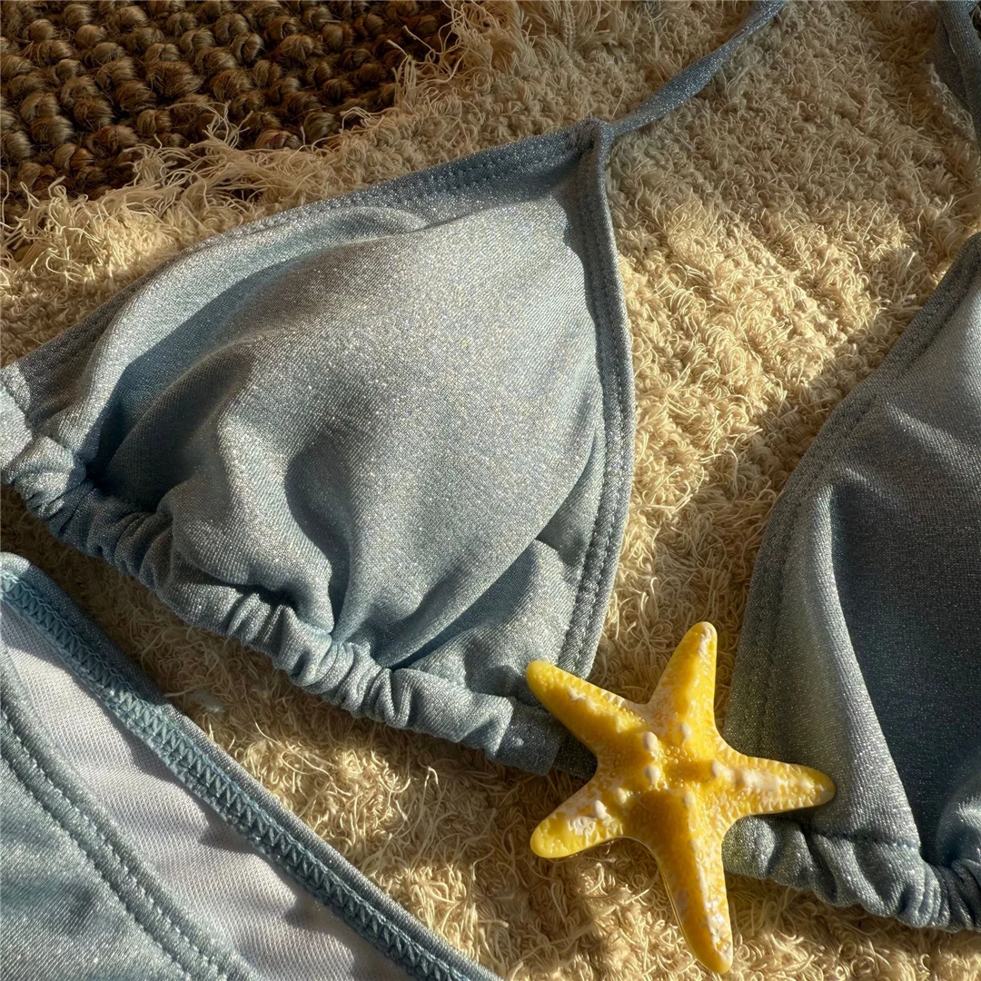 Glitzernder, funkelnder, halterneckiger brasilianischer Bikini, Damen-Badeanzug, zweiteiliger Bikini-Set, Badebekleidung, Badeanzug, Schwimmanzug V6350 – Detail 14
