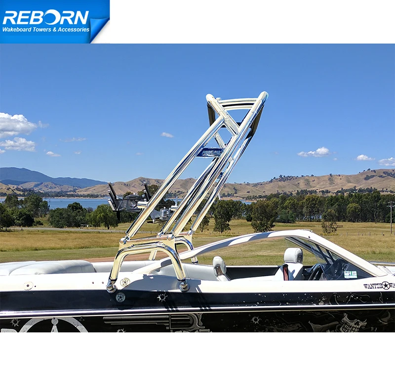 Reborn LaunchX Aluminum Forward-facing Boat Wakeboard Tower w/ Flat Bimini Top