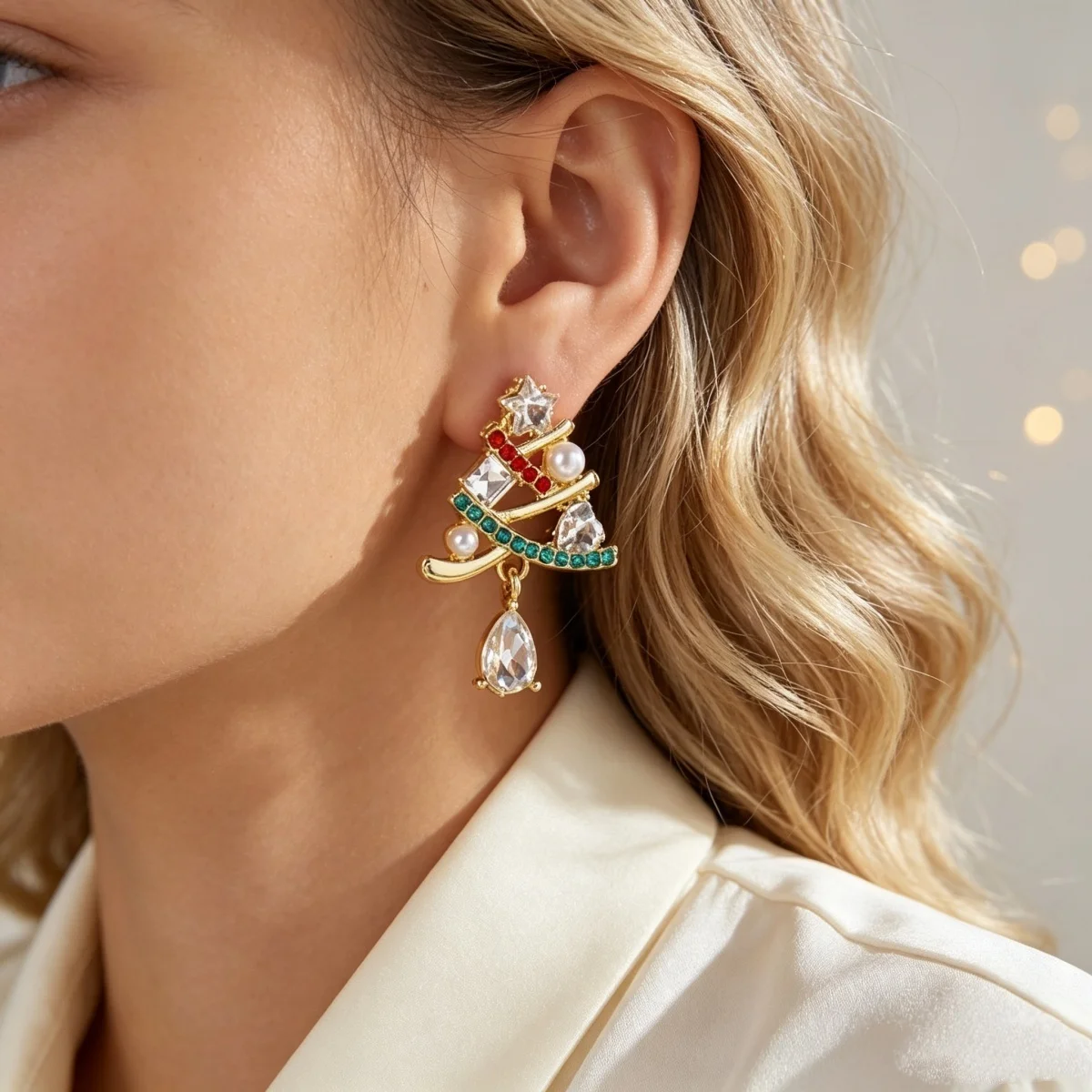 Rot-grüne Strass-Stern-Ohrringe mit hohlen Weihnachtsbaum- und Wassertropfen-Quasten für Damen – Modische Weihnachtsbaum-Ohrringe für Partys und Schmuck – Detail 7