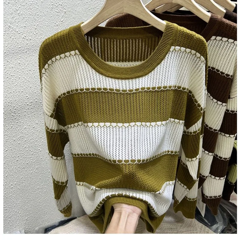 

Women's Contrast Color Striped Sweater Women's Long Sleeve Loose Sweater Bottoming Hollow Top