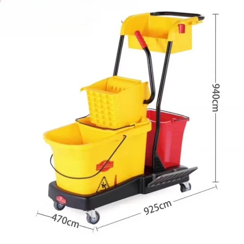 Hotel Doorman Service Trolley – Commercial Yellow Cleaning Cart with Mop Bucket & Wringer
