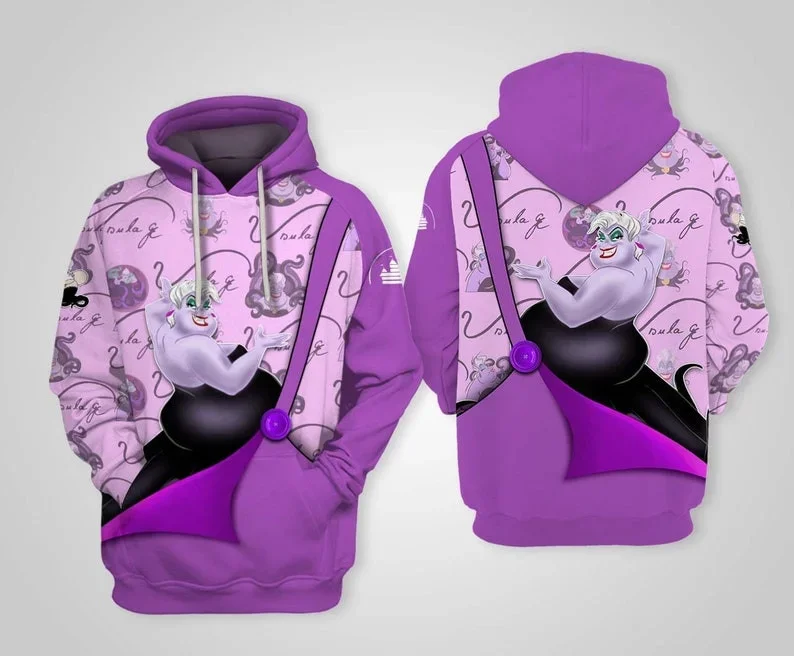 2024 Disney Villains Halloween Purple Black All Over Print Fleece Pullover Zipped Up Hoodies Unisex Outfits Men Women Hoodie