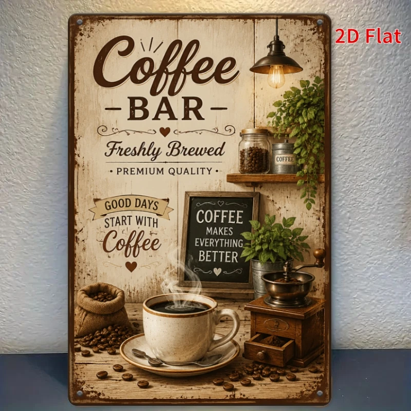 2D Flat,  Coffee Bar Freshly Brewed Tin Sign, Retro Coffee Station Wall Decor, Kitchen Cafe Bar Wall Art,