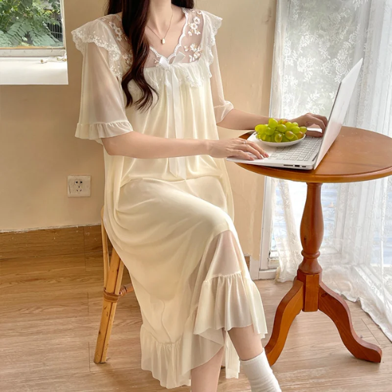 

Embroidery Lace Night Dress Women Sleepwear Sweet Mesh Ruffle Sleeve Modal Nightwear Fairy Robe Peignoir Vintage Long Nightgown