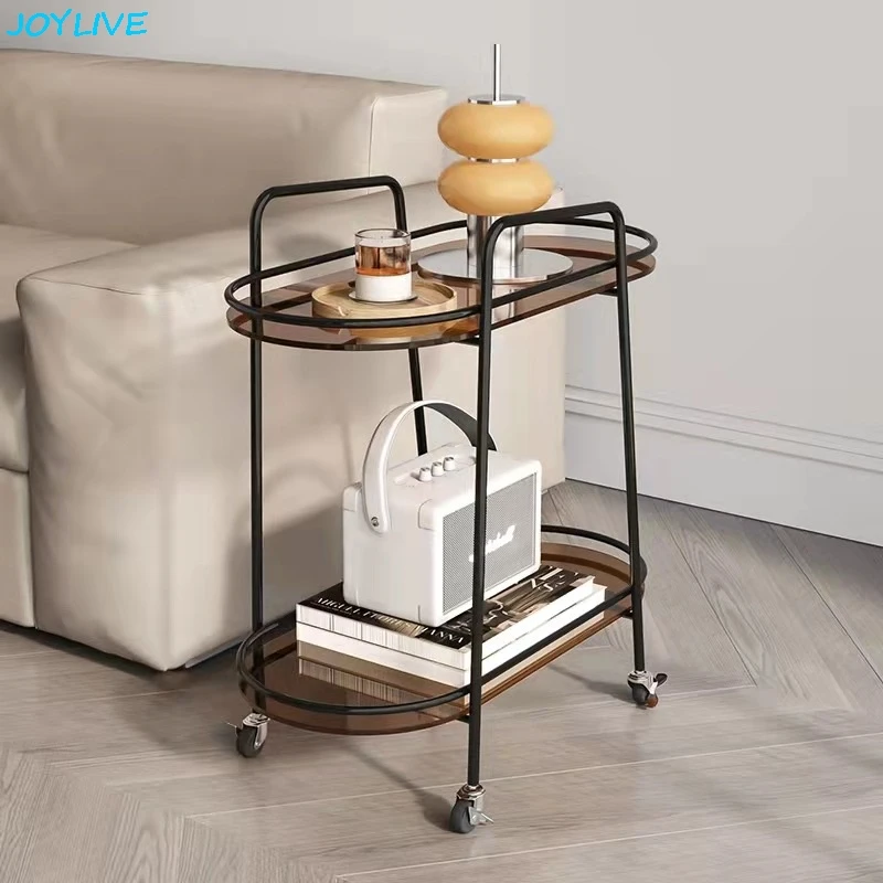 

JOYLIVE Glass Cart Movable Sofa Side Table 360 Degree Universal Wheel Wear-resistant Storange Rack 2025 Home Use Dropshipping