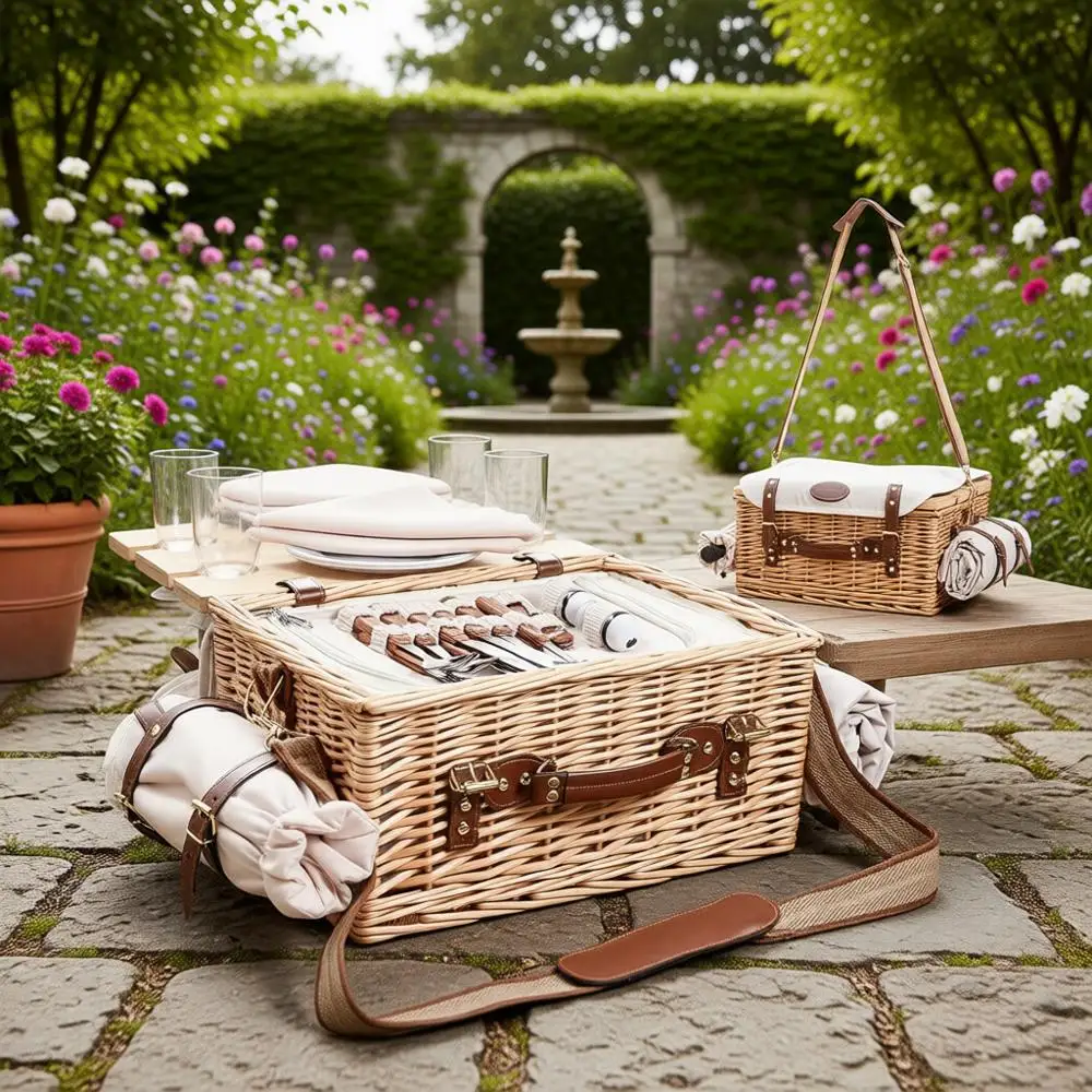 

Портативный изотермический плетеный набор для пикника на 4 персоны, включая плед, винный столик и посуду для улицы