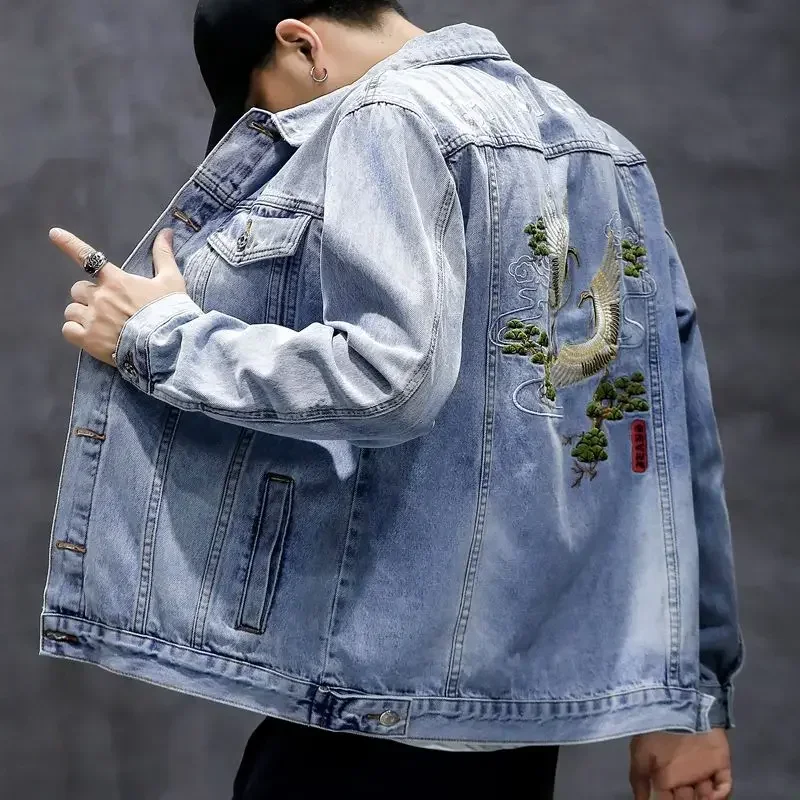 Male Jean Coats Autumn Pattern Men\'s Denim Jacket with Embroidery Blue Y2k High Quality Cowboy Fashion Loose G Trendy Cowgirl