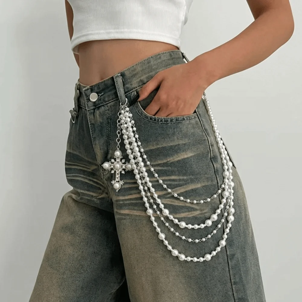 Fashion Punk Rock Cross-shaped Pearl Waist Chains Hip Hop Multi-layer Pendant Pant Chain Metal Y2K Waist Key Chain For Women Man