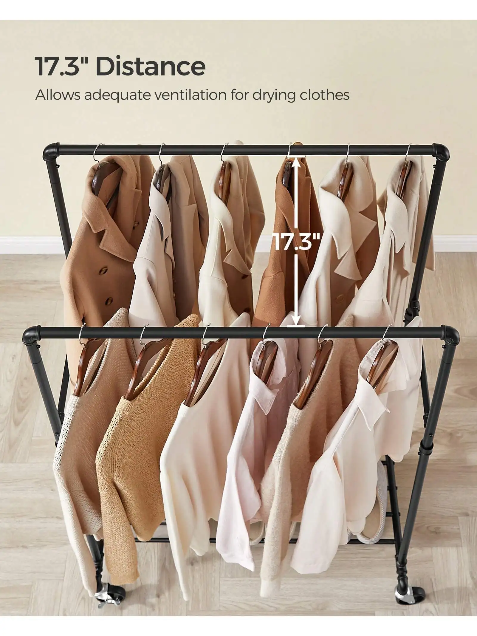 SONGMICS Heavy-Duty Clothes Rack, 39.4 Inch Clothing Rack With Storage Shelf, Double-Rod Garment Rack On Wheels, Metal Frame,