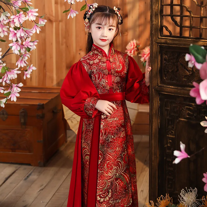 Girls Red Chinese New Year Clothes Vintage Long Cheongsam Party Wedding Flower Girl Dresse Dance Costumes Girls Hanfu Dress