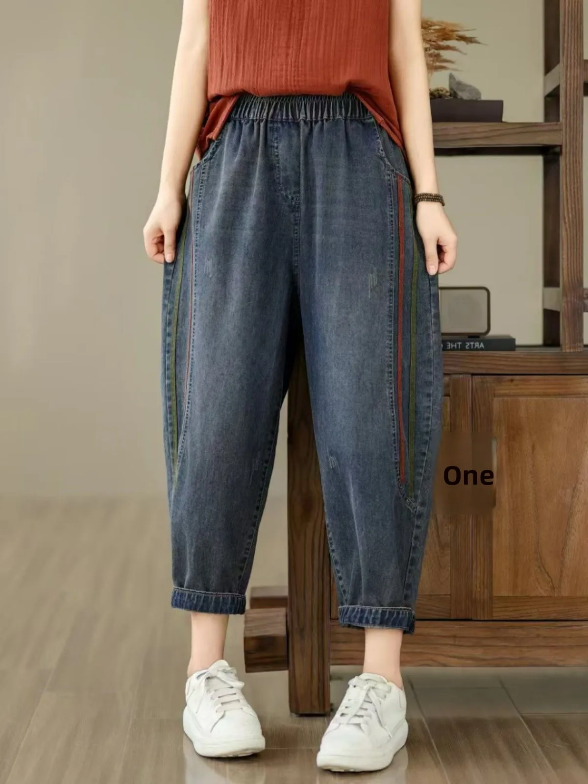 

Женские джинсы в полоску в стиле ретро с эластичной резинкой на талии, большие размеры, повседневные брюки из девяти предметов с высокой талией, утягивающие брюки Харлан