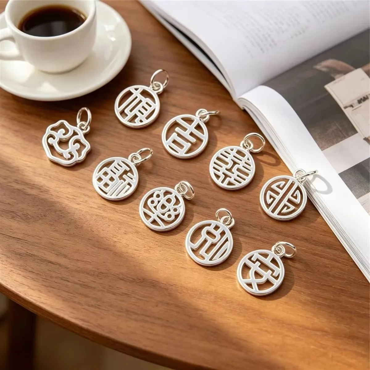 Long Anti-fade Thick Silver Clad Brass Hollow Round Blessing Tag Pendants 1pcs DIY Handmade Oriental Lucky Wedding Accessories