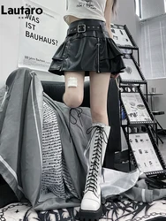 Lautaro Spring Autumn Cool Black Pu Leather Mini Skirt Women with Many Zippers Belt High Waist Short Luxury Designer Clothes