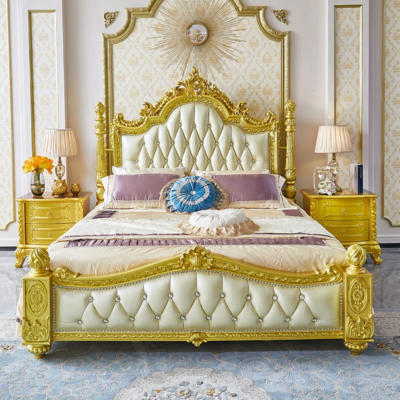 #European American Style Luxury Wood Leather Carved Storage Pillar Princess Bed 1.8m/2m Home Furniture for Villa Wedding Bedroom