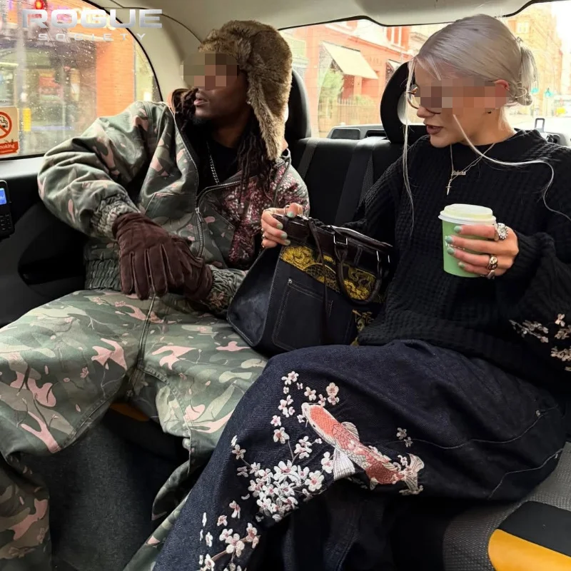 Camouflage Y2K Blossom Harajuku Embroidery Denim Pants Men Floral Loose Hip Hop Trousers Streetwear Baggy Hip Hop Jeans Unisex
