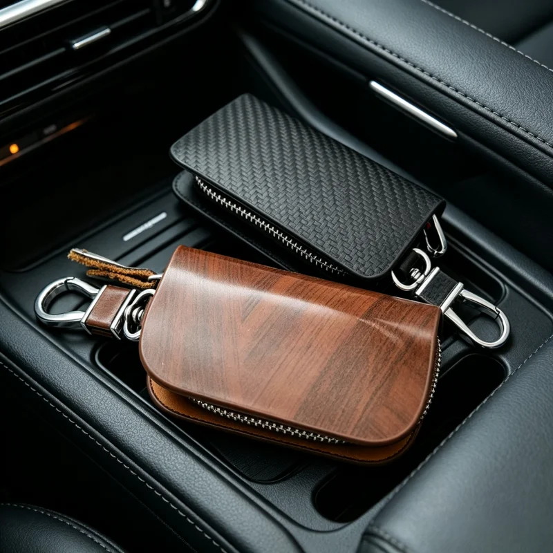 PU Leather Car Key Case With Laser Engraved Cross, Key Fob Protector Zipper Bag Keychain Holder, Universal Remote Key Cover