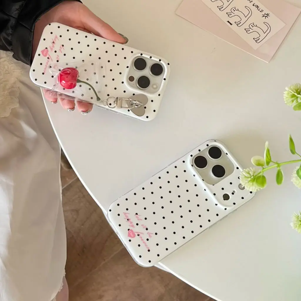 Minimalist Fresh Polka Dot With 3D Cherry Bag Pendant Shockproof Protective Phone Cover Case for iPhone 17 16 15 14 Pro Max