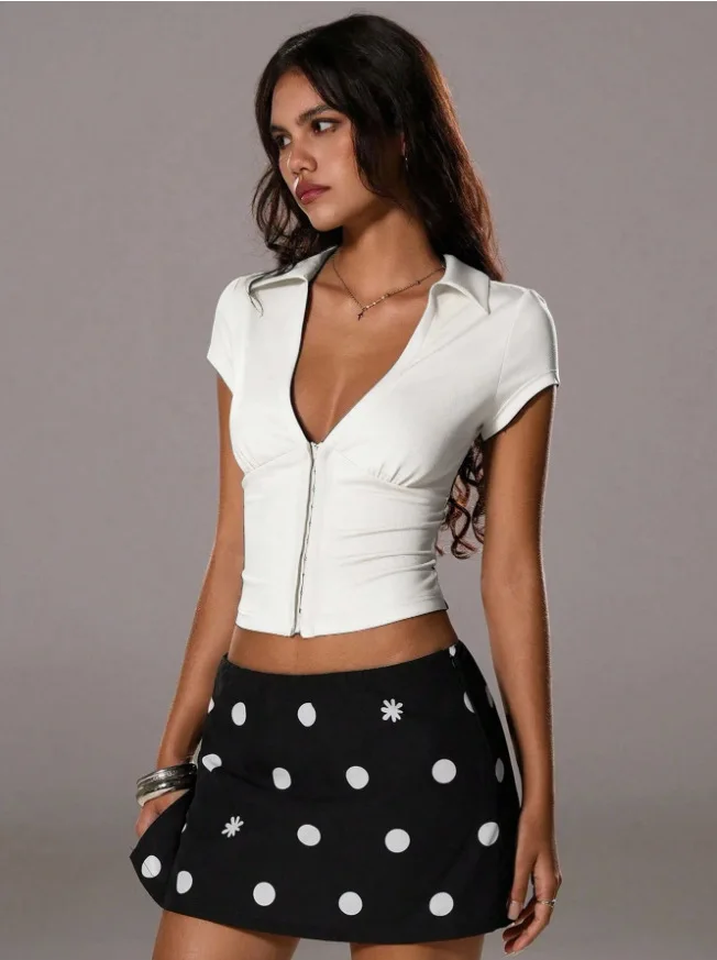 Women V Neck Button Front Short Sleeve Crop Top Elastic Slim Fit Cropped T Shirt High Waist Matching Summer Y2K Streetwear Casua