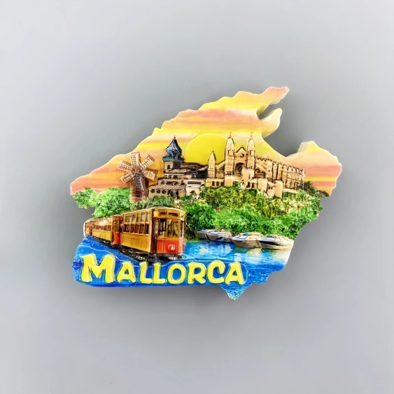 España, Isla de la Mallorca, comemoración del turismo, puesta de sol creativa, tranvía de mapas, paisaje de referencia, pegatina magnética para refrigerador
