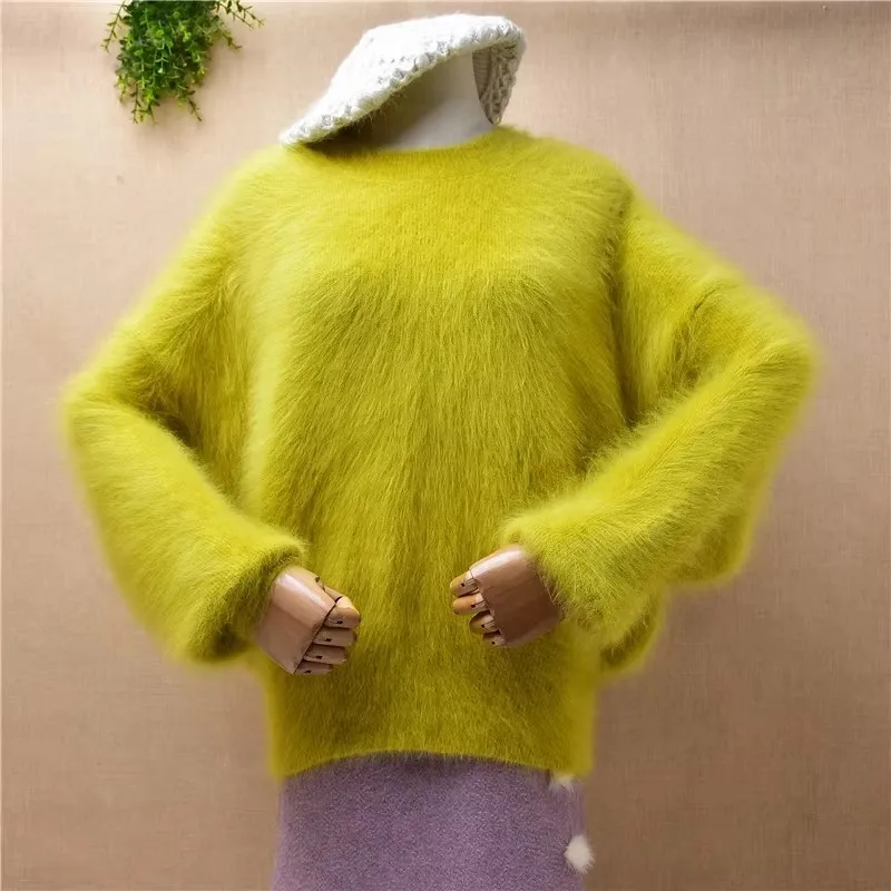 Frauen Mujer Herbst Winter Kleidung grün haarige Angora Kaninchen haar gestrickt O-Ausschnitt lange Ärmel lose Pullover Pullover Pullover ziehen