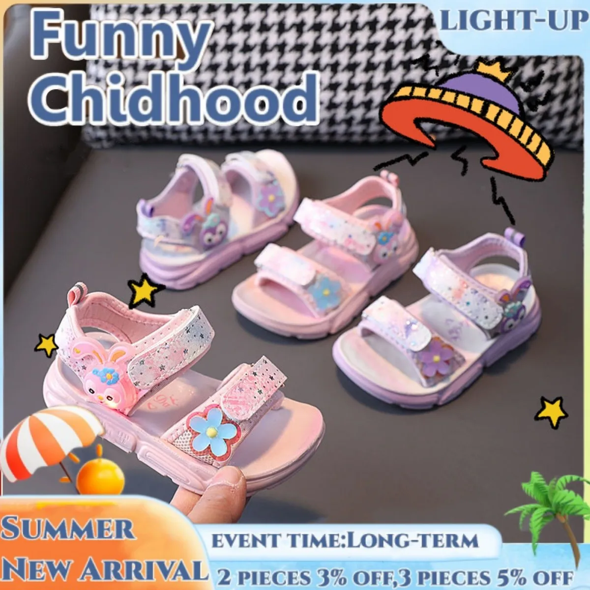 

MiniBaby LED PU Sandals for Kids Girls,Cartoon Bunny Hook&Loop Shoes for 1-6 Year Olds First Walking Newborn Photography Props