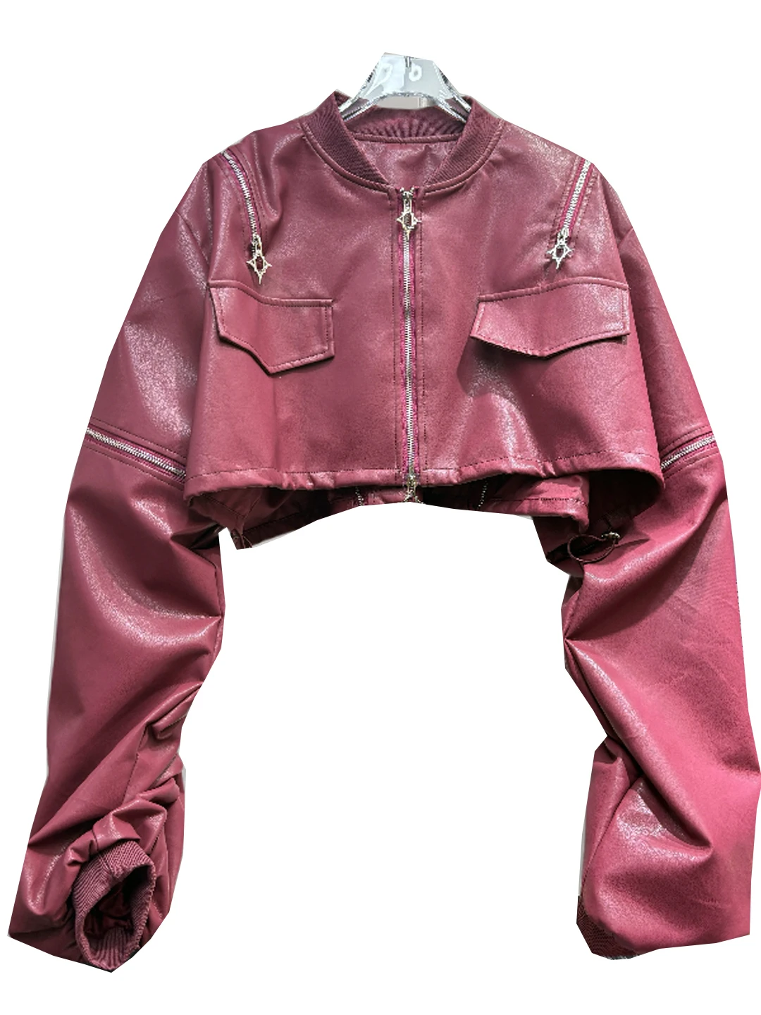 جاكيت نسائي فريد بتصميم أمريكي مع سحاب على شكل نجمة، مصنوع من الجلد الصناعي، فضفاض بأكمام خفاشية للربيع