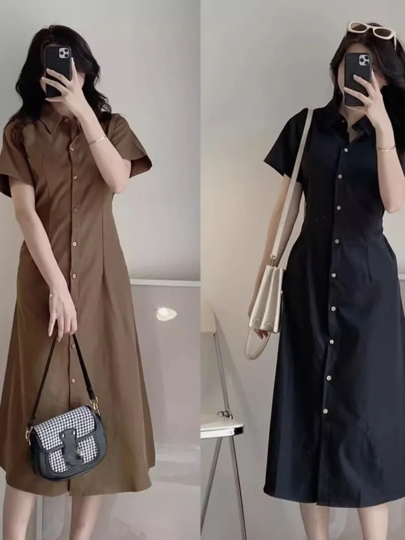 シックなレトロなターンダウン襟シングルボタン半袖シャツドレスウエスト締め痩身ロングスカート女性の夏