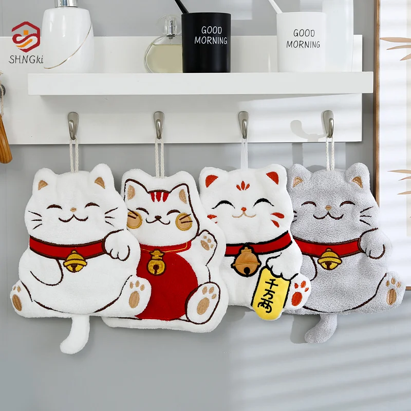 1Piece Cute Hand Towel Cartoon Lucky Cat Thickened QuickDrying Wiping Towel Bathroom Coral Velvet Water Absorption Hanging Towel