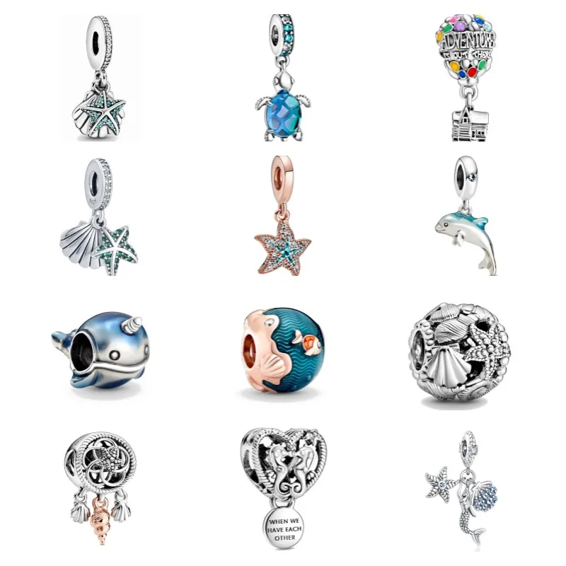 New 2023 Blue Summer Turtle Starfish Dolphin Ocean Diy Bead Fit Original Charms 925 Sterling Silver Bracelet Accessories