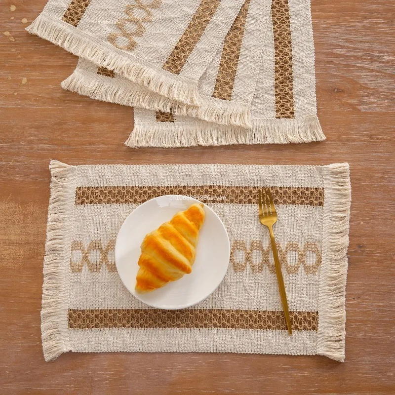 1pcs Boho Placemats Set Natural Cotton Burlap Farmhouse Place Mats with Tassels for Home Dining Wedding Table Kitchen Decor