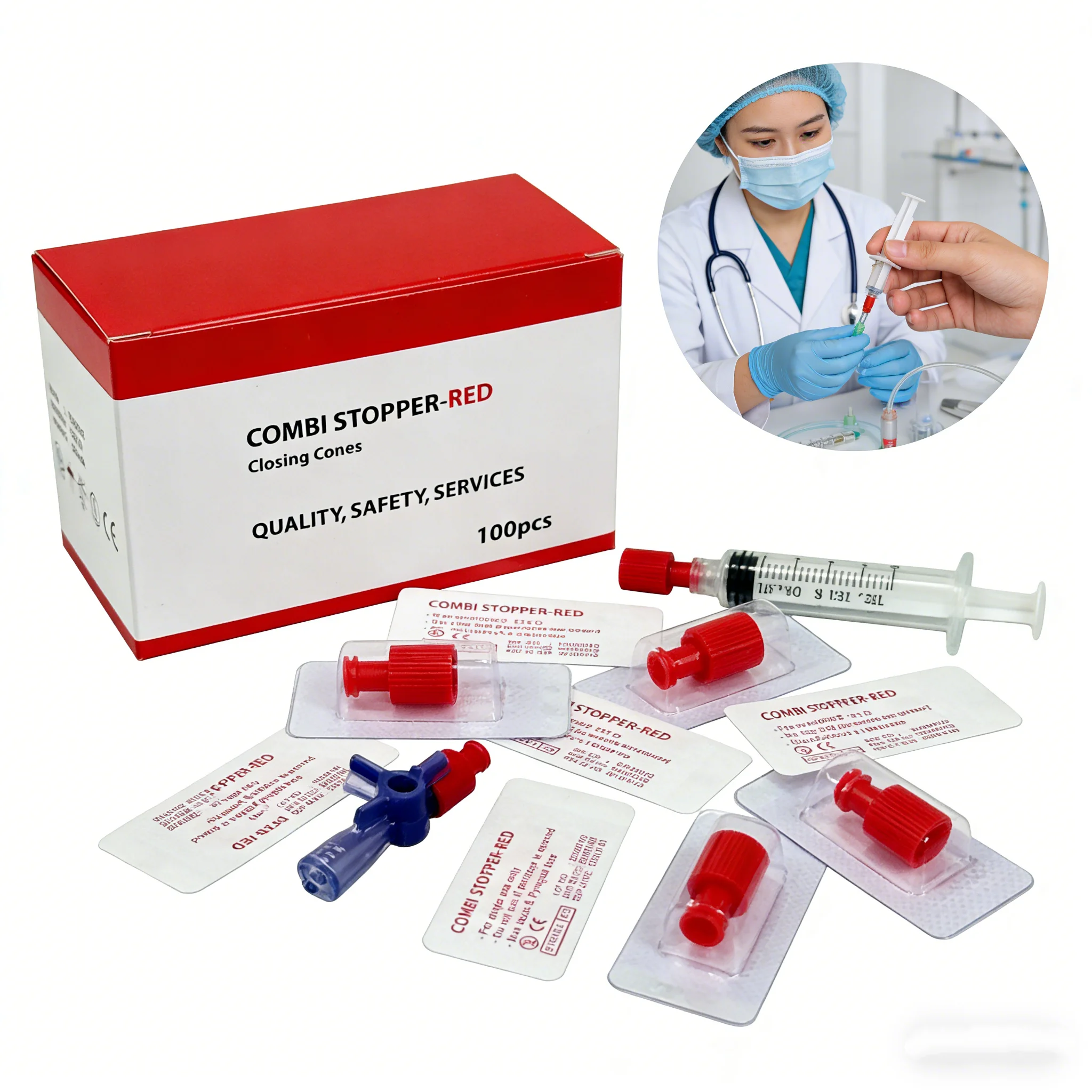 

Disposable Red Combi Stopper Luer Lock Cap Sterile EO Medical Stopper for Syringe Infusion Tubing Three-Way Valve End Cup