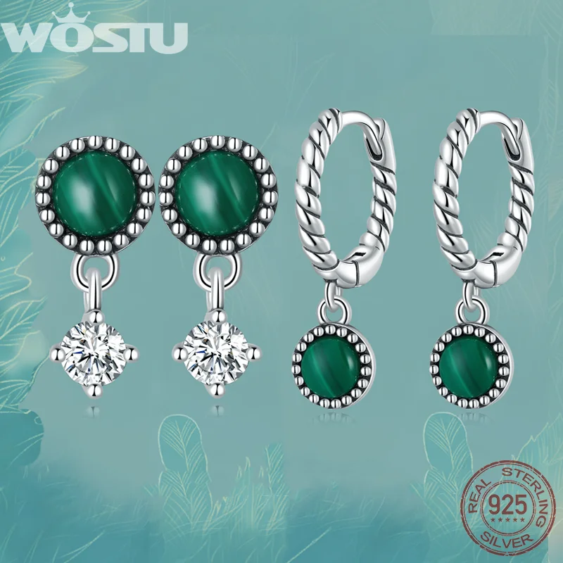 WOSTU 925 Sterling Silver Malachite Earrings for Women Vintage Wrist Drop Dangle Earrings Wedding Party Delicate Jewelry Gift